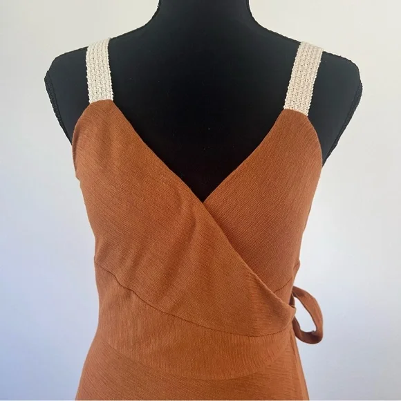 Anthro Akemi Kin Rust Wrap Midi Dress Tie Waist A-Line Boho - Picture 2 of 8